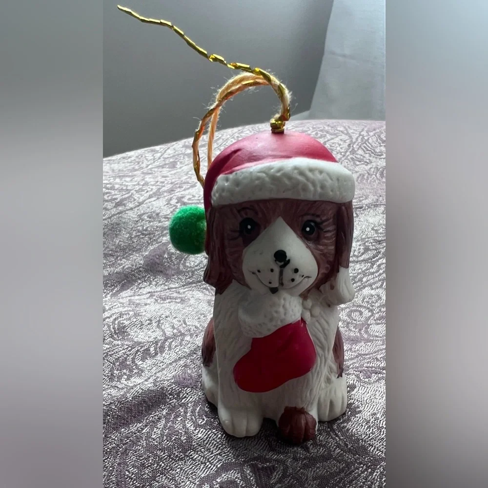 Holly Bells Figurine Puppy Dog Bell Christmas Ornament porcelain Giftco Vintage
